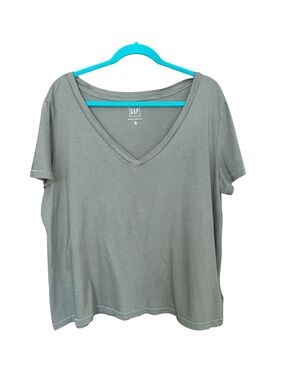 Gap Women's Size XL Solid Khaki Green Short Sleeve V-Neck 100% Cotton T-Shirt